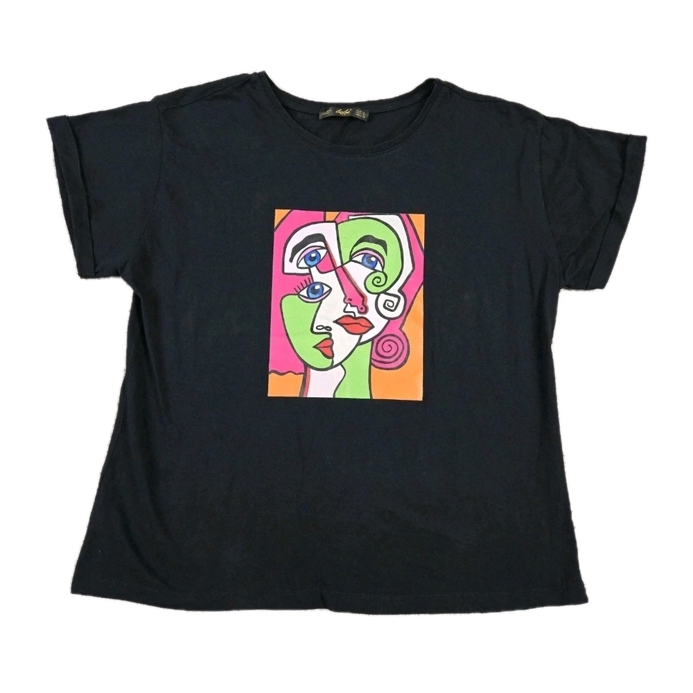 Bebe Plus Art To Wear T Shirt M Oversized Black Arsty Graphic Print Rolled Cuffs